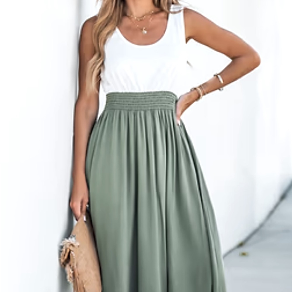 Cupshe Green & White Ruffled Scoop Neck  A-Line Dress Size Large - Picture 5 of 11